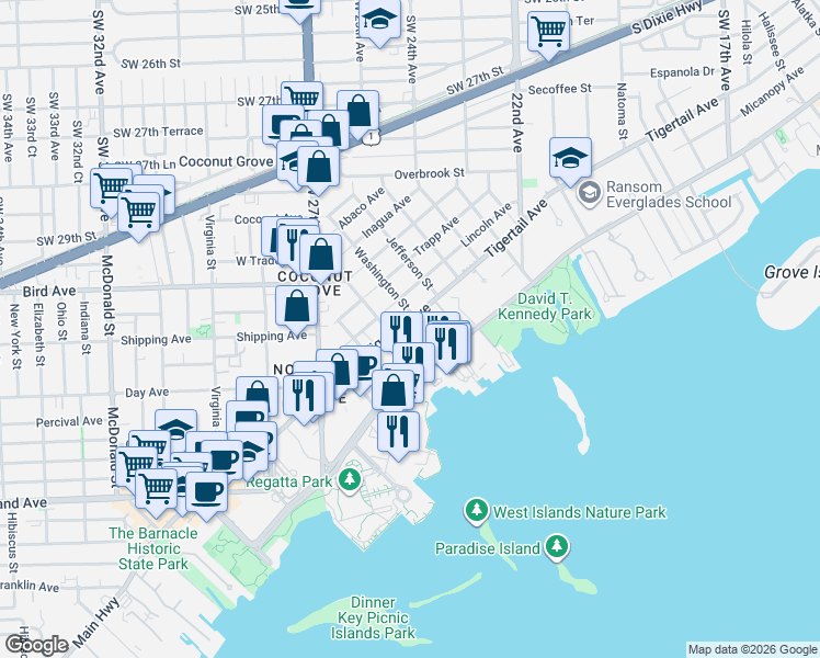 map of restaurants, bars, coffee shops, grocery stores, and more near 2550 Tigertail Avenue in Miami
