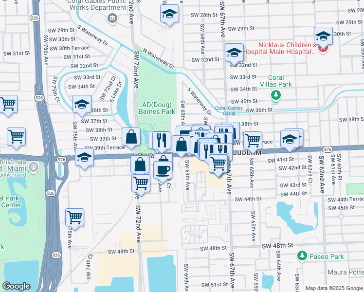 map of restaurants, bars, coffee shops, grocery stores, and more near 3950 Southwest 69th Avenue in Miami
