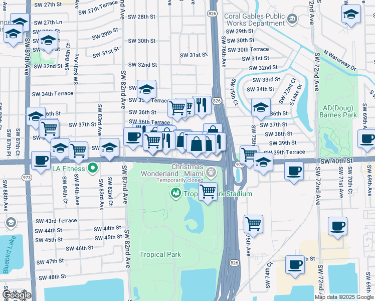 map of restaurants, bars, coffee shops, grocery stores, and more near 105 Southwest 78th Court in Miami