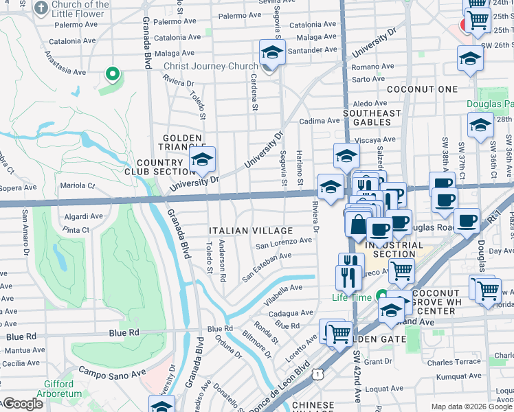 map of restaurants, bars, coffee shops, grocery stores, and more near 645 San Antonio Ave in Coral Gables