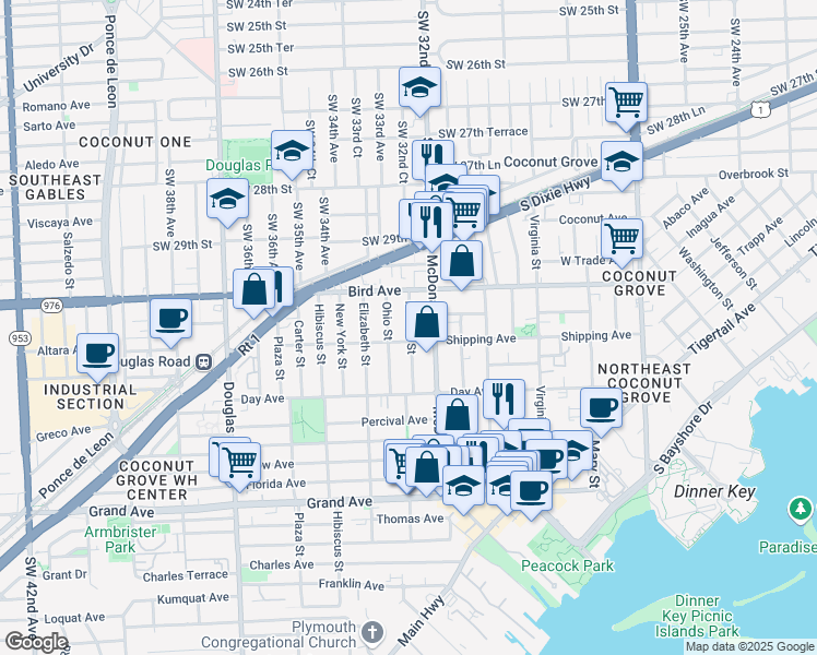 map of restaurants, bars, coffee shops, grocery stores, and more near 3074 Indiana Street in Miami