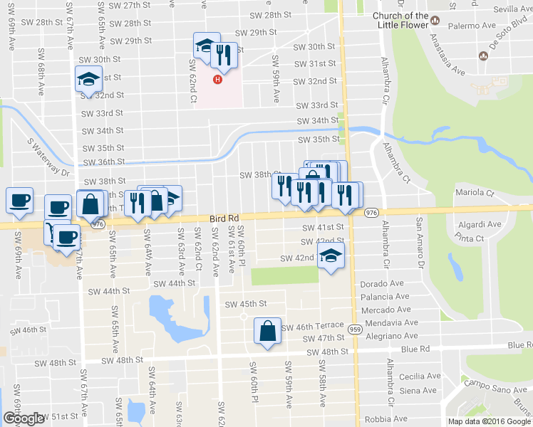 map of restaurants, bars, coffee shops, grocery stores, and more near 6001 Southwest 40th Street in Miami