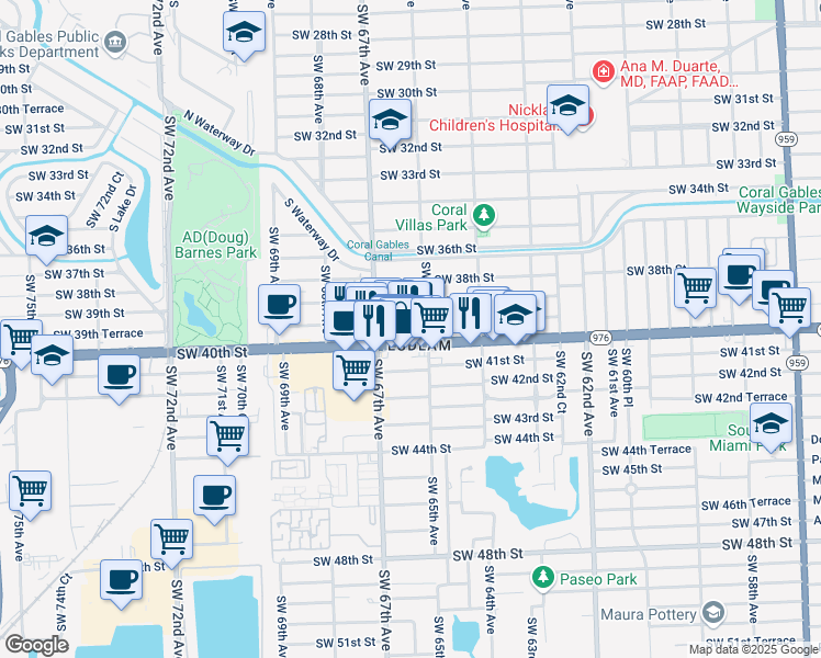 map of restaurants, bars, coffee shops, grocery stores, and more near 6521 Bird Road in Miami
