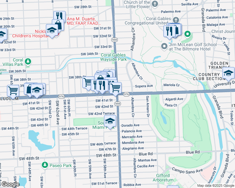 map of restaurants, bars, coffee shops, grocery stores, and more near Bird Rd & SW 57th Ave in Miami