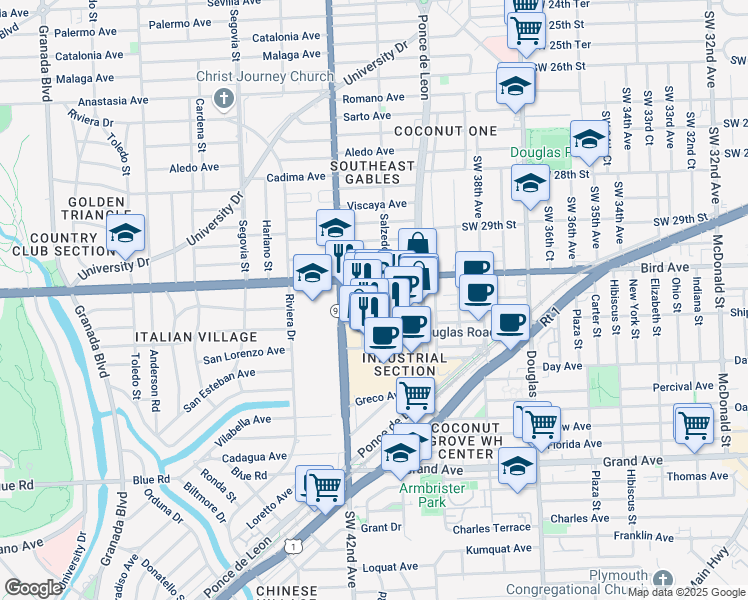 map of restaurants, bars, coffee shops, grocery stores, and more near 14 Salzedo Street in Coral Gables
