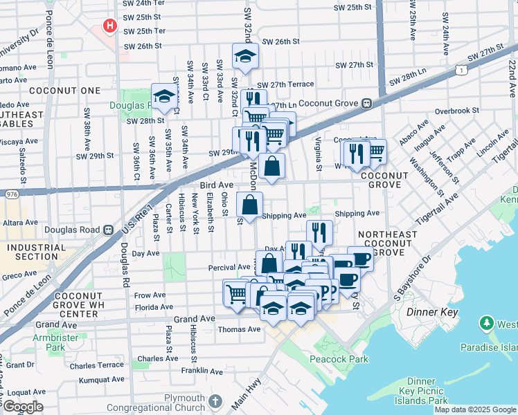 map of restaurants, bars, coffee shops, grocery stores, and more near 3075 McDonald Street in Miami