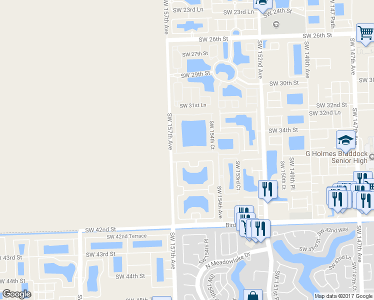 map of restaurants, bars, coffee shops, grocery stores, and more near 15543 Southwest 35th Terrace in Miami