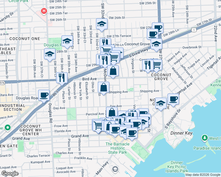 map of restaurants, bars, coffee shops, grocery stores, and more near 3075 McDonald Street in Miami
