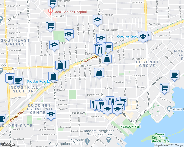 map of restaurants, bars, coffee shops, grocery stores, and more near 3072 Indiana Street in Miami