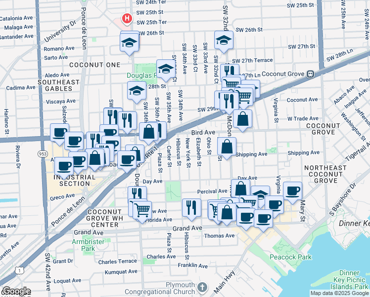 map of restaurants, bars, coffee shops, grocery stores, and more near 3061 Hibiscus Street in Miami
