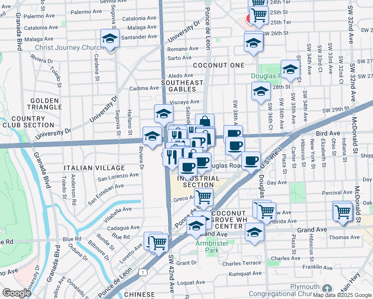 map of restaurants, bars, coffee shops, grocery stores, and more near 14 Salzedo Street in Coral Gables