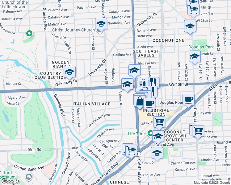 map of restaurants, bars, coffee shops, grocery stores, and more near 515 San Antonio Avenue in Coral Gables