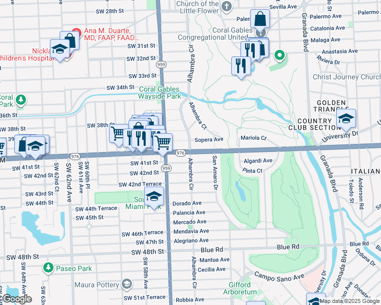 map of restaurants, bars, coffee shops, grocery stores, and more near 4000 Alhambra Circle in Coral Gables