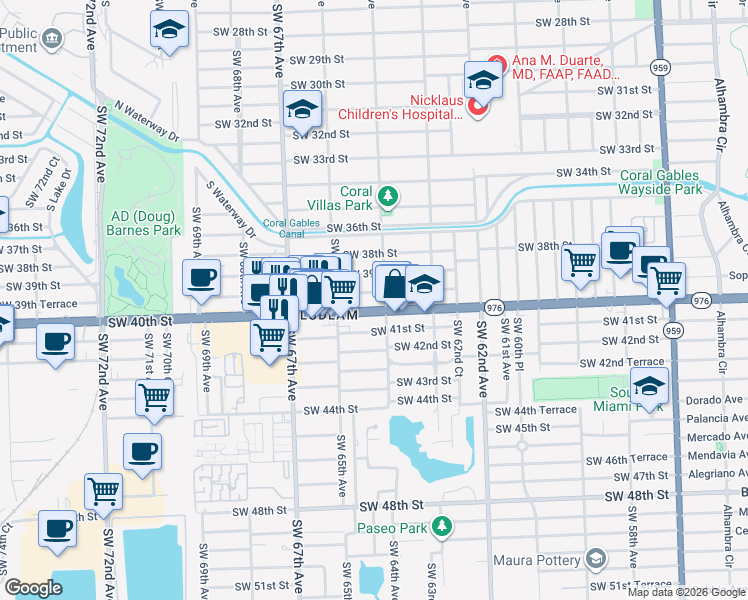 map of restaurants, bars, coffee shops, grocery stores, and more near 6428 Southwest 39th Terrace in Miami