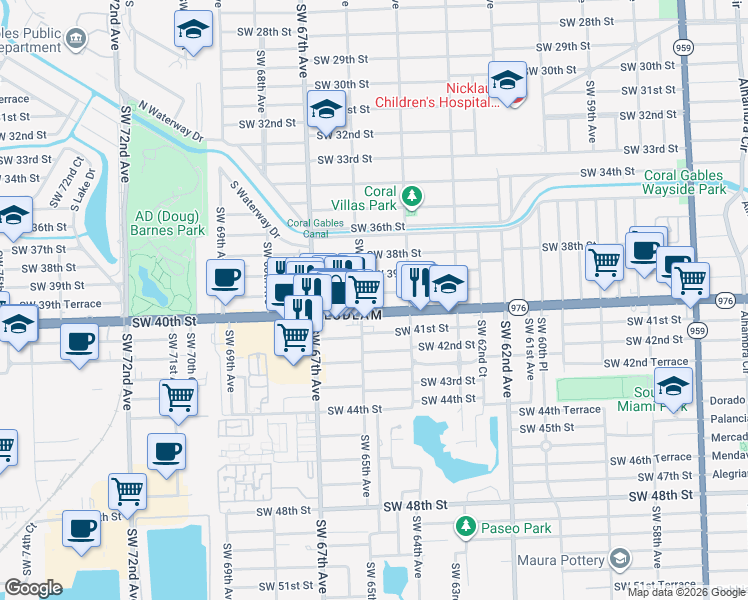 map of restaurants, bars, coffee shops, grocery stores, and more near 6521 Bird Road in Miami