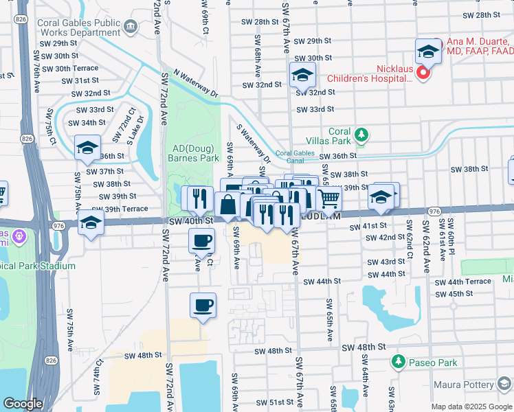 map of restaurants, bars, coffee shops, grocery stores, and more near 3960 Southwest 68th Avenue in Miami