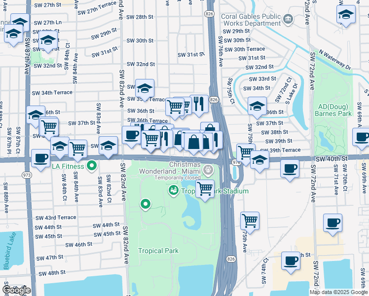 map of restaurants, bars, coffee shops, grocery stores, and more near 105 Southwest 78th Court in Miami