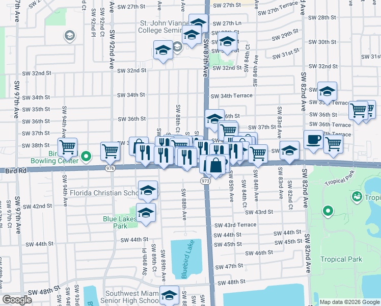 map of restaurants, bars, coffee shops, grocery stores, and more near 3848 Southwest 87th Court in Miami