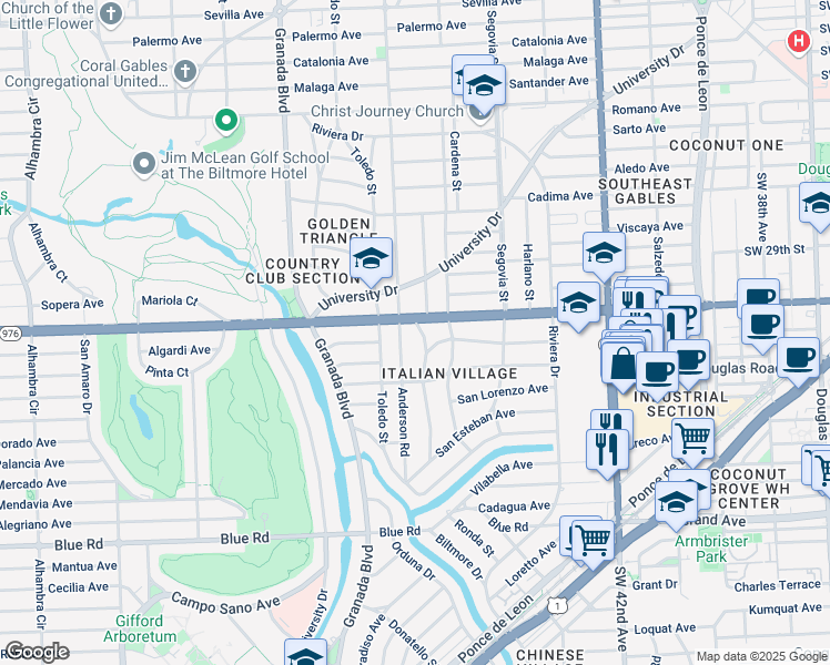 map of restaurants, bars, coffee shops, grocery stores, and more near 4000 Monserrate Street in Coral Gables