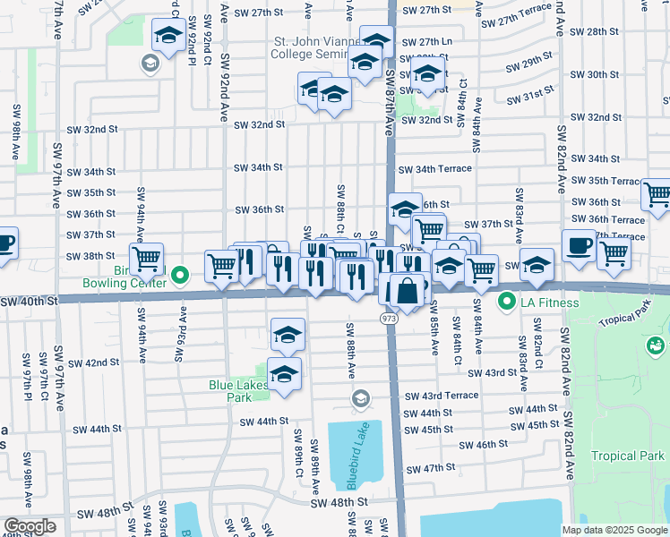 map of restaurants, bars, coffee shops, grocery stores, and more near 3840 Southwest 88th Court in Miami