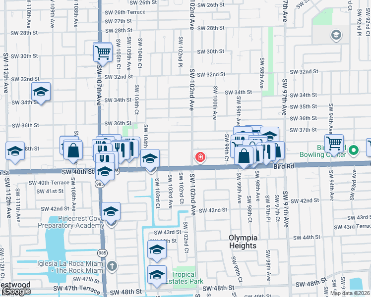 map of restaurants, bars, coffee shops, grocery stores, and more near 3805 Southwest 103rd Avenue in Miami