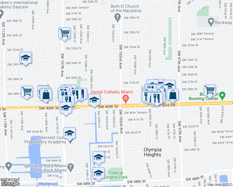 map of restaurants, bars, coffee shops, grocery stores, and more near 3805 Southwest 103rd Avenue in Miami