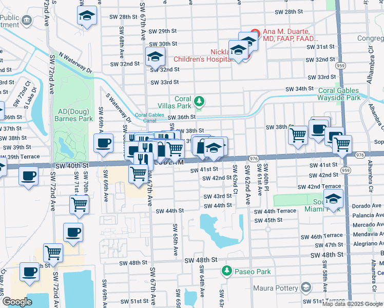 map of restaurants, bars, coffee shops, grocery stores, and more near 6428 Southwest 39th Terrace in Miami