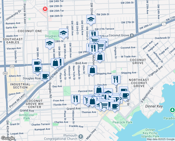 map of restaurants, bars, coffee shops, grocery stores, and more near 3072 Indiana Street in Miami
