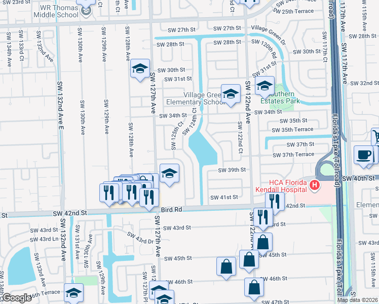 map of restaurants, bars, coffee shops, grocery stores, and more near 3711 Southwest 124th Court in Miami