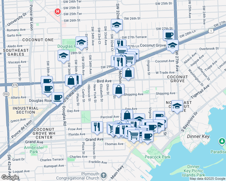 map of restaurants, bars, coffee shops, grocery stores, and more near 3074 Indiana Street in Miami