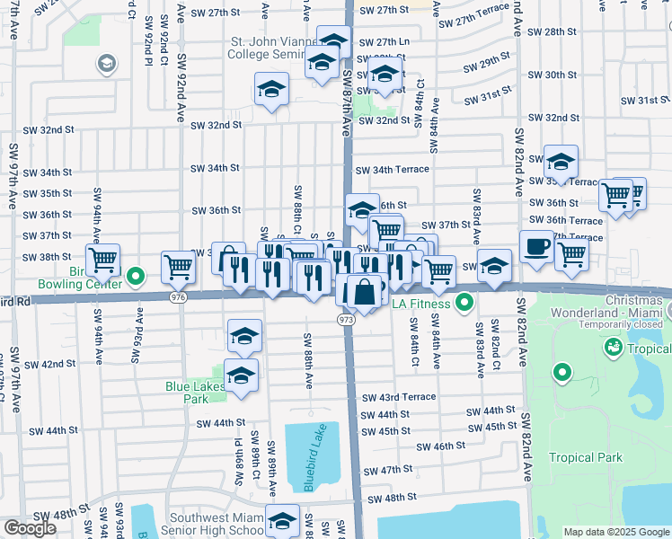 map of restaurants, bars, coffee shops, grocery stores, and more near 3848 Southwest 87th Court in Miami