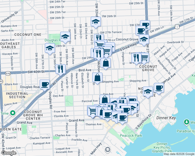map of restaurants, bars, coffee shops, grocery stores, and more near 3075 McDonald Street in Miami
