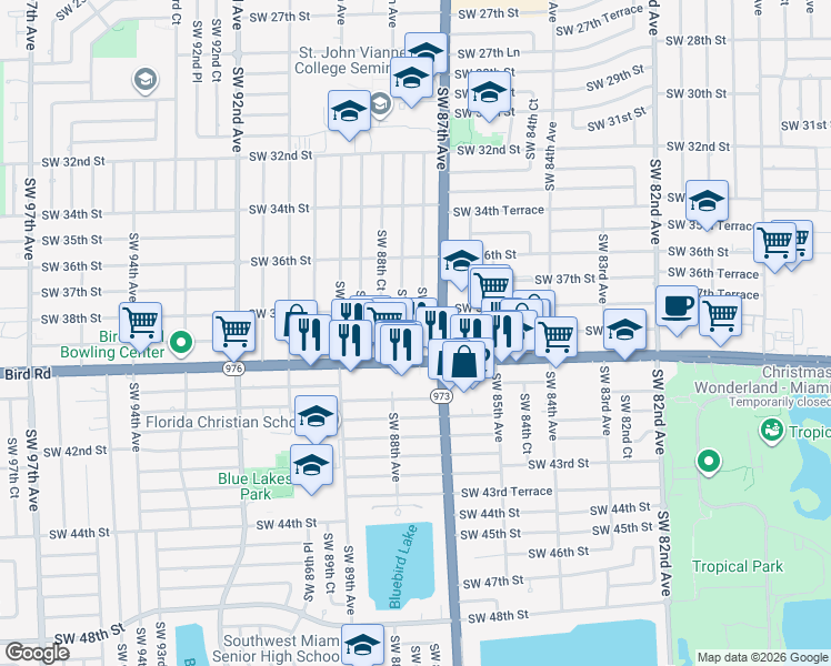 map of restaurants, bars, coffee shops, grocery stores, and more near 3848 Southwest 87th Court in Miami
