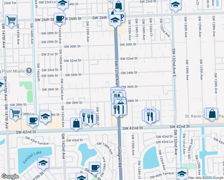 map of restaurants, bars, coffee shops, grocery stores, and more near 13742 Southwest 36th Street in Miami