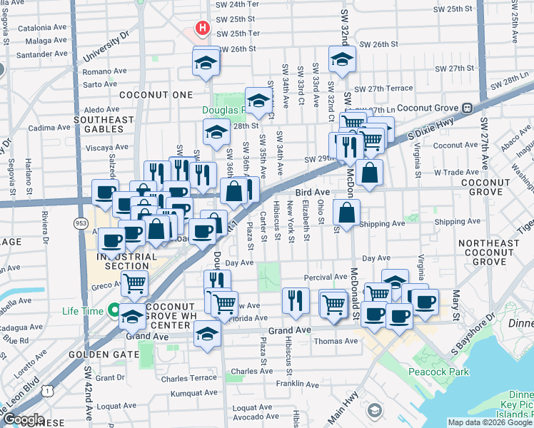 map of restaurants, bars, coffee shops, grocery stores, and more near 3055 Plaza Street in Miami