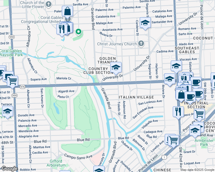 map of restaurants, bars, coffee shops, grocery stores, and more near 932 Bird Road in Coral Gables