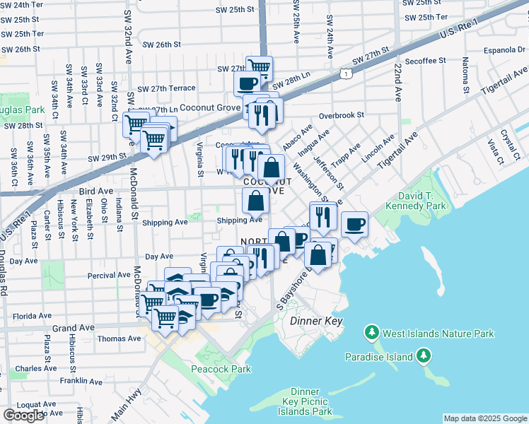 map of restaurants, bars, coffee shops, grocery stores, and more near 3084 Southwest 27th Avenue in Miami