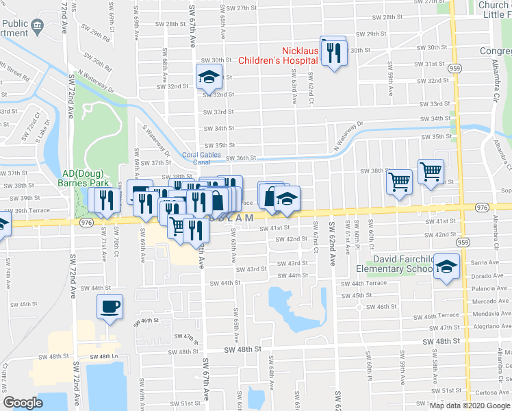 map of restaurants, bars, coffee shops, grocery stores, and more near 6428 Southwest 39th Terrace in Miami