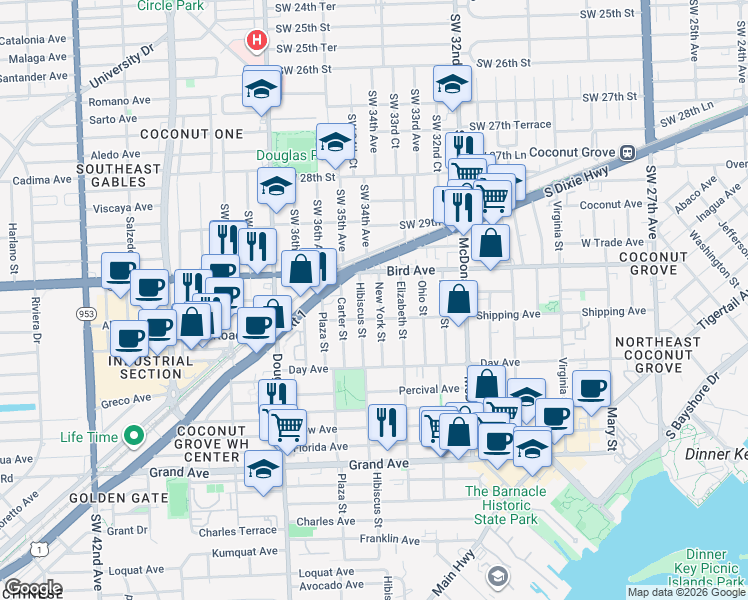 map of restaurants, bars, coffee shops, grocery stores, and more near 3061 Hibiscus Street in Miami