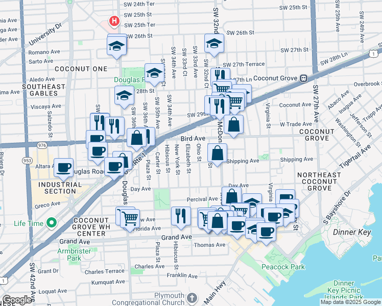 map of restaurants, bars, coffee shops, grocery stores, and more near 3071 Elizabeth Street in Miami