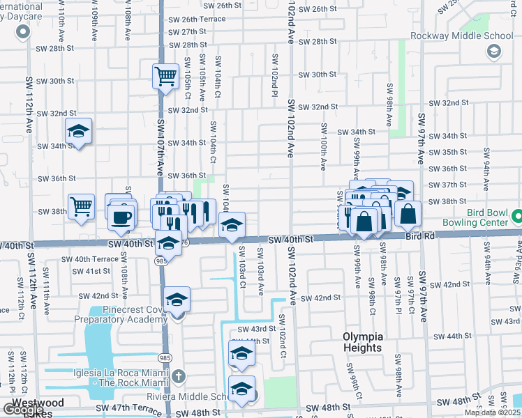 map of restaurants, bars, coffee shops, grocery stores, and more near 3805 Southwest 103rd Avenue in Miami