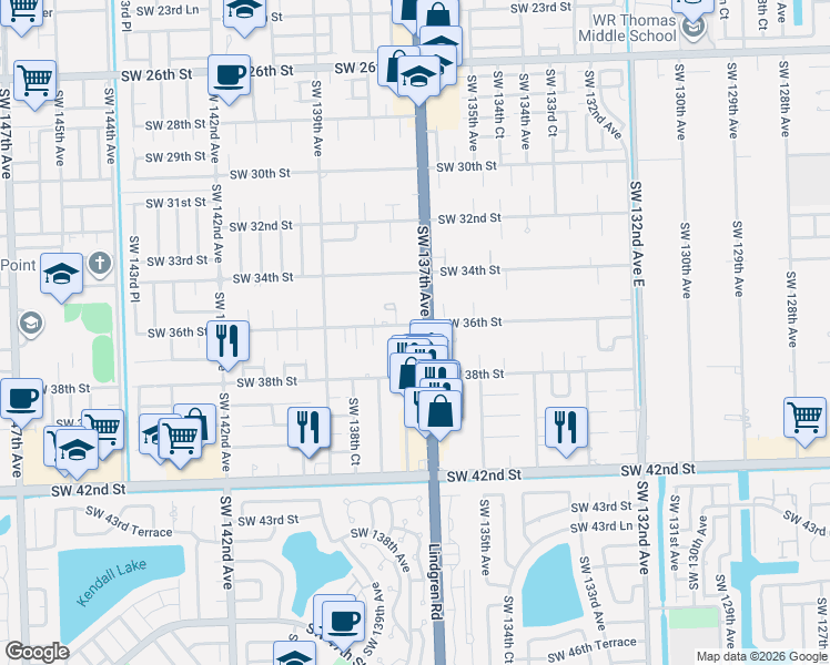 map of restaurants, bars, coffee shops, grocery stores, and more near 13710 Southwest 36th Street in Miami