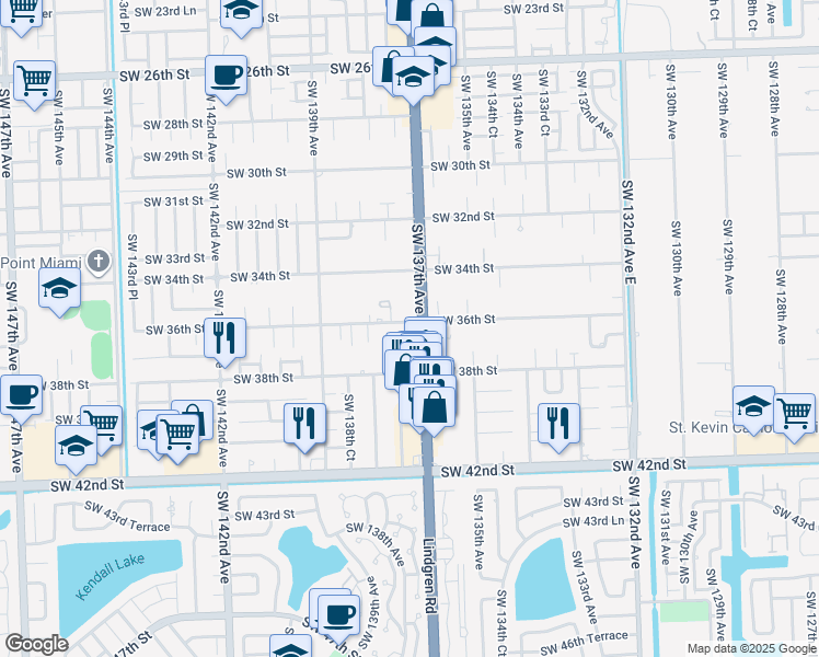 map of restaurants, bars, coffee shops, grocery stores, and more near 13742 Southwest 36th Street in Miami