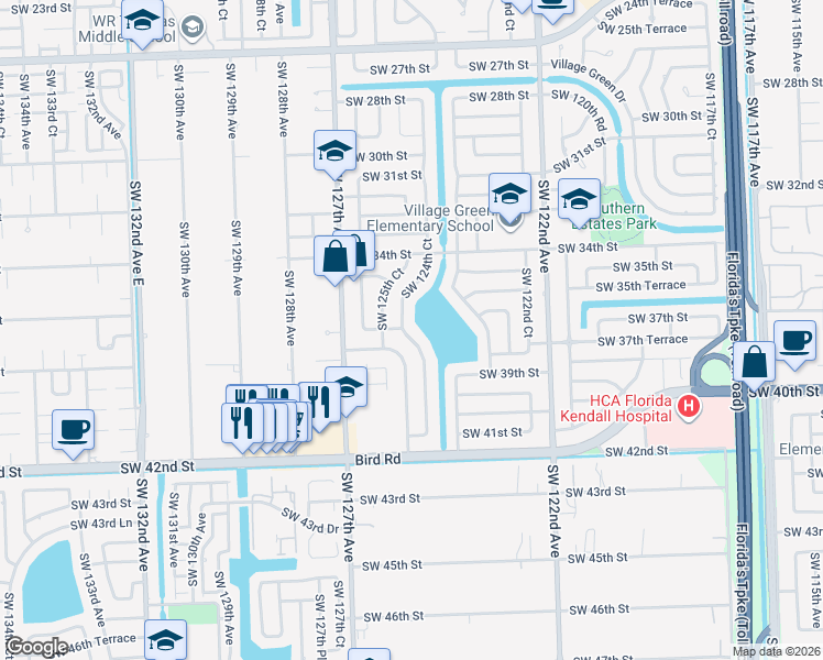 map of restaurants, bars, coffee shops, grocery stores, and more near 3711 Southwest 124th Court in Miami
