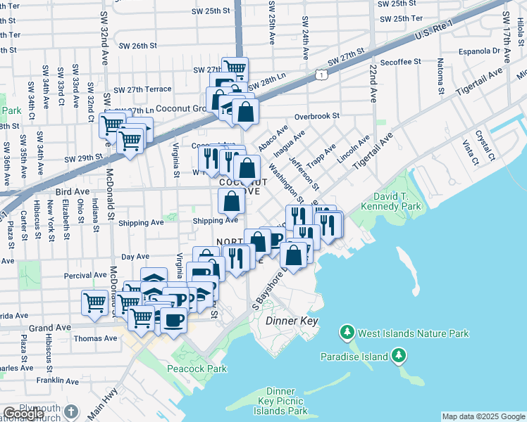map of restaurants, bars, coffee shops, grocery stores, and more near 3073 Blaine Street in Miami