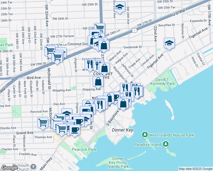map of restaurants, bars, coffee shops, grocery stores, and more near 3073 Blaine Street in Miami
