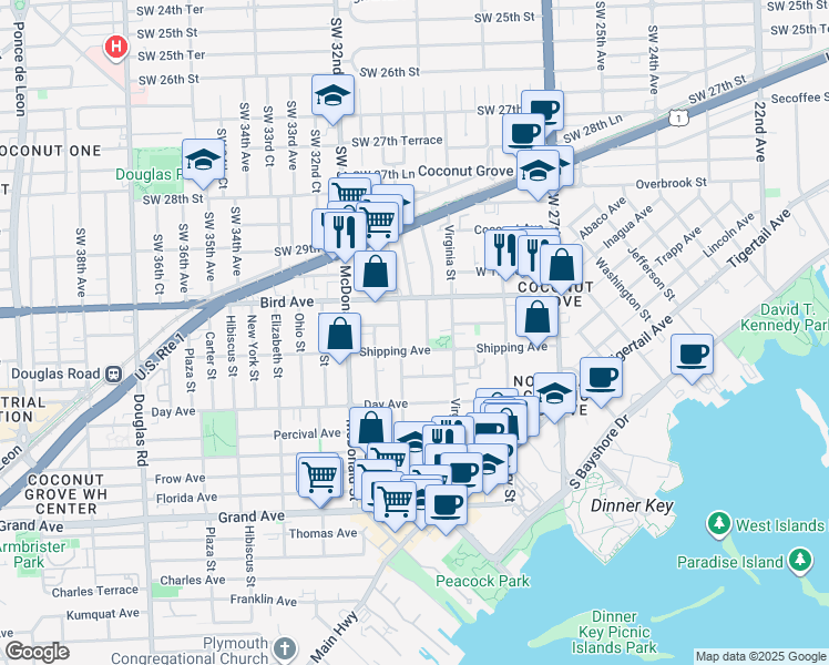 map of restaurants, bars, coffee shops, grocery stores, and more near 3075 Allamanda Street in Miami