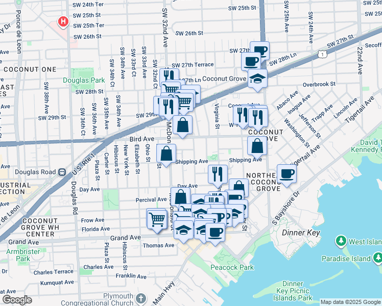 map of restaurants, bars, coffee shops, grocery stores, and more near 3070 Matilda Street in Miami