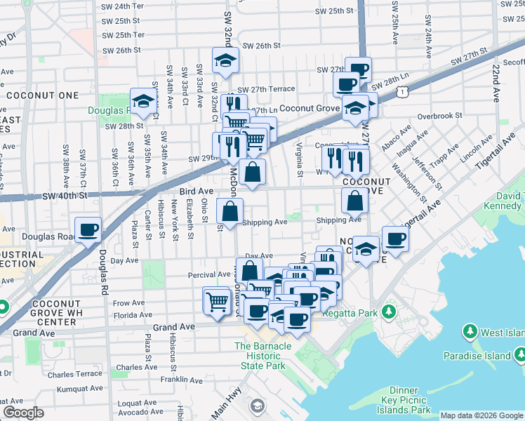map of restaurants, bars, coffee shops, grocery stores, and more near 3070 Matilda Street in Miami