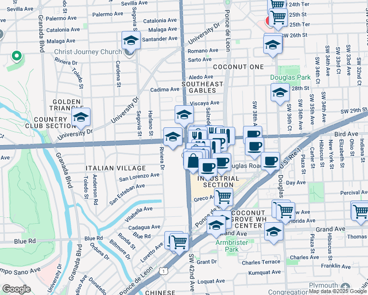 map of restaurants, bars, coffee shops, grocery stores, and more near in Coral Gables